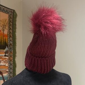 JustFab Burgundy Knit Hat with Fluffy Pom 100% acrylic